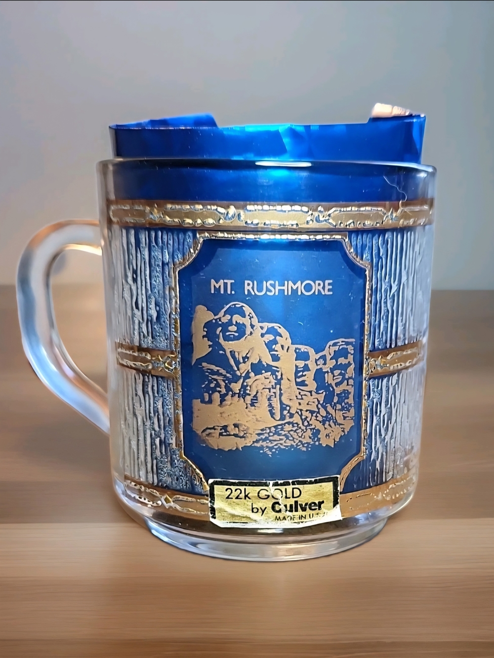 VTG MCM 60s 70s Culver Mt. Rushmore 22k Gold Clear Textured Glass Mug